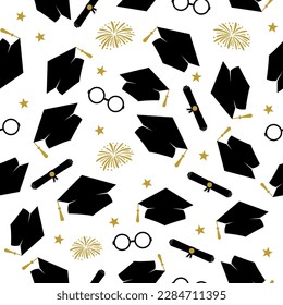 Funny graduation seamless pattern. Throwing caps and fireworks. Grad ceremony backdrop. Vector template for fabric, textile, wallpaper, wrapping paper, etc. 