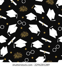 Graduación divertida sin problemas. Tirando gorras y fuegos artificiales. Fondo de la ceremonia de graduación. Plantilla vectorial para tela, textil, papel de pared, papel de envoltura, etc. 