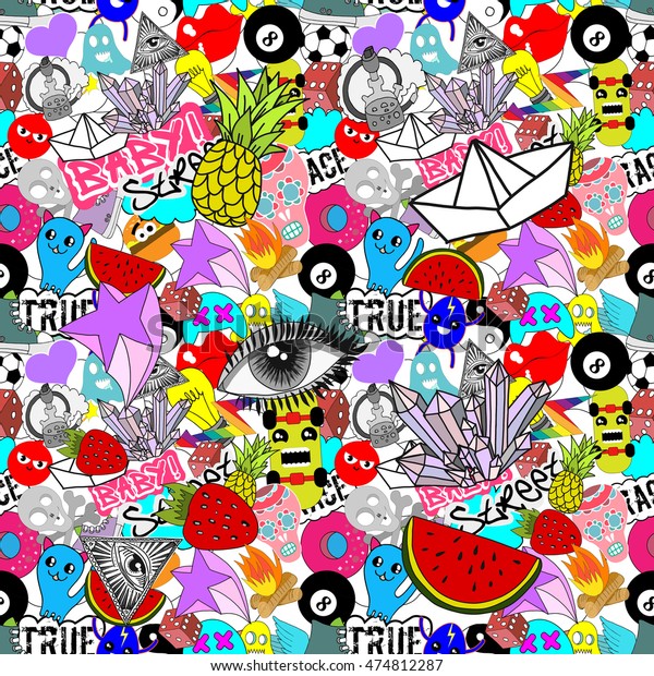 Funny graffiti,\
Vector seamless pattern bright colorful stickers characters\
background, street art\
style