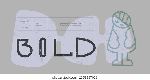 Funny graffiti-style character on bold abstract background with vintage scratches. Creative font adds flair. Editable modern template for art or fashion-forward projects