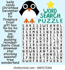 Funny grand word search puzzle for kids stock vector illustration. Educational children word game with cute penguin for printing and fun. Winter holidays square printable page for home pastime