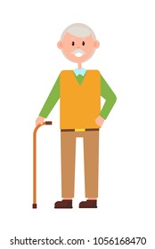 Funny grandad, bright banner, vector illustration isolated on white backdrop, aged man with cute smile on face, holding supporting stick, color dressing