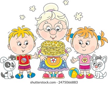 Funny grandma with a dish of traditional hot pancakes for her happy little grandson and granddaughter with their puppy and kitten, vector cartoon illustration on a white background