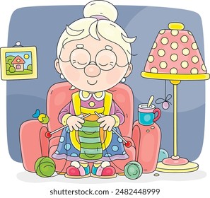 Funny grandma dozed off while knitting in her cosy armchair near a floor lamp, vector cartoon illustration on a white background