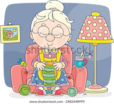 Funny grandma dozed off while knitting in her cosy armchair near a floor lamp, vector cartoon illustration on a white background