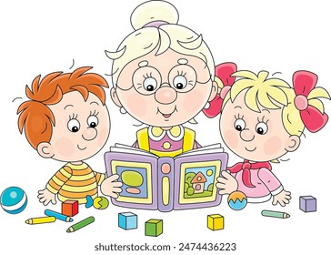 Funny grandma reading aloud an interesting fairy tale book to her happy little grandson and granddaughter at their table with scattered toys, vector cartoon illustration on a white background