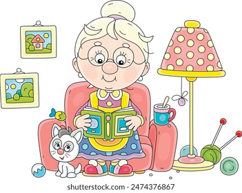 Funny grandma sitting in a cosy armchair near a floor lamp and reading an interesting story book, vector cartoon illustration on a white background