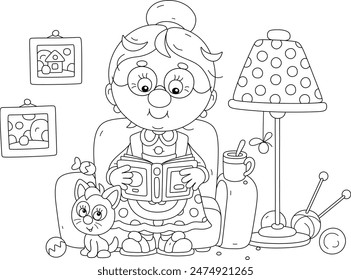 Funny grandma sitting in a cosy armchair near a floor lamp and reading an interesting story book, black and white vector cartoon illustration for a coloring book