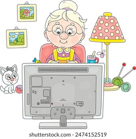 Funny grandma sitting in her cosy armchair near a floor lamp and watching a favorite TV serial on a modern television set, vector cartoon illustration on white