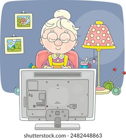 Funny grandma sitting in her cosy armchair near a floor lamp and sleeping to sounds of a favorite TV serial on a television set, vector cartoon illustration on white