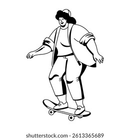 Funny grandma skating illustration in glyph style 
