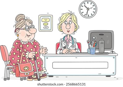 Funny grandma visiting a doctor in a polyclinic and discussing a treatment of her indisposition, vector cartoon illustration on a white background