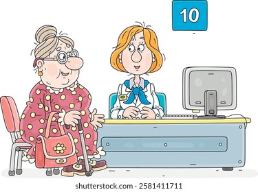 Funny grandma visiting an office of a pension fund and talking to an employee about details of her account, vector cartoon illustration on a white background
