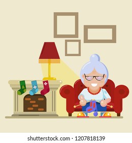 funny grandmother cartoon knitting in a chair