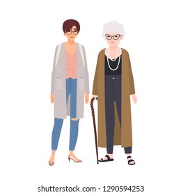 Funny Grandmother And Granddaughter Standing And Talking. Happy Old Lady And Young Teenage Girl Having Fun Together. Cute Grandparent And Teen Grandchild. Flat Cartoon Colorful Vector Illustration.