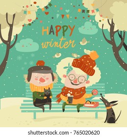 Funny grandmother and grandfather sitting with cat and dog in winter park