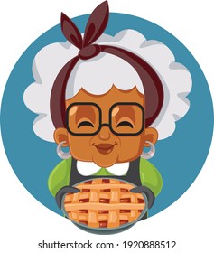 Funny Grandmother Holding Apple Pie Vector Cartoon. Cute senior female home cook with delicious baked tart
