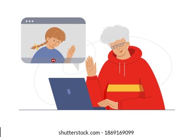 Funny Grandmother making video call on laptop computer and communicating online with her granddaughter.  Elderly people and modern Internet technologies. Vector illustration in flat style