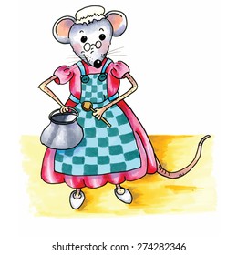 funny grandmother mouse with pan and spoon in the kitchen isolated over white background