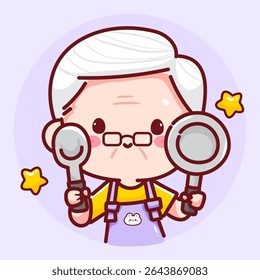 Funny grandpa character holding a spoon and a frying pan like cooking tools, ready to prepare food.