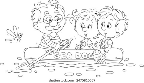 Funny grandpa with his happy little grandson and granddaughter traveling in their inflatable boat through a small lake on a beautiful day of a summer vacation, black and white vector cartoon