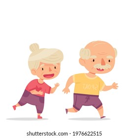 Funny grandparents on a run. Sporty oldies. Cartoon characters isolate on white background. Vector illustration