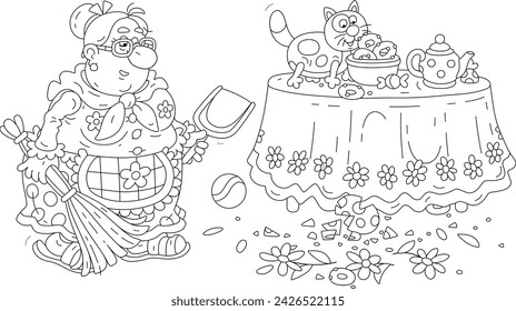 Funny granny with a broom and dustpan going to clean up fragments of a broken beautiful vase with flowers after a mischief of a sly cat in her kitchen, black and white vector cartoon illustration