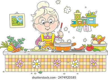 Funny granny cooking an original tasty soup with fresh vegetables and spices in a cozy kitchen of her village house, vector cartoon illustration isolated on a white background