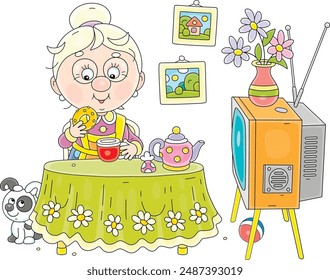 Funny granny drinking hot tea with a tasty bagel at a kitchen table with a flower tablecloth and watching very interesting television series on her retro TV, vector cartoon illustration on white