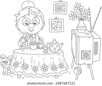 Divertida abuelita tomando té caliente con un sabroso bagel en una mesa de cocina con un mantel de flores y viendo series de televisión muy interesantes en su televisión retro, dibujos animados de Vector en blanco y negro