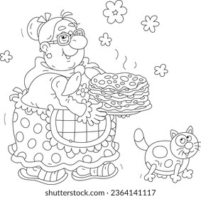 Funny granny with freshly baked hot tasty pancakes for a festive table, black and white outline vector cartoon for a coloring book