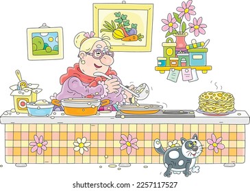 Graciosa abuelita frita deliciosos crepes de batata dulce para una mesa festiva en su bonita cocina decorada con cuadros y flores en un jarrón sobre una concha con especias, ilustración vectorial