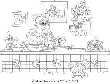 Funny granny frying tasty pancakes from sweet batter for a festive table in her pretty kitchen decorated with pictures and flowers in a vase on a shell with spices, black and white vector cartoon