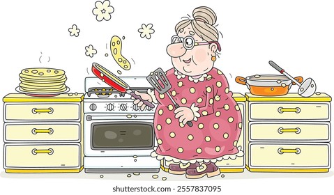 Funny granny frying tasty pancakes from sweet batter for a festive table in her pretty kitchen with a gas-stove, vector cartoon illustration on a white background