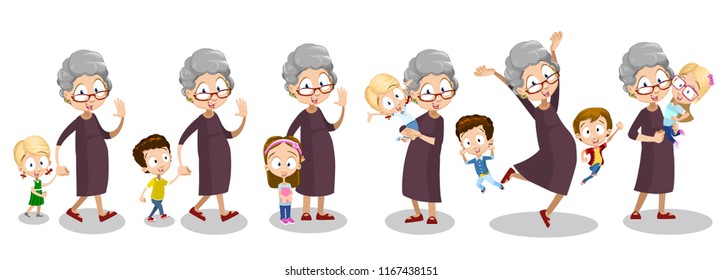 Funny granny with grandchildren having time together. Cute elderly woman nurse her grandson and granddaughter. Aged lady holding kids personage. Funny old people animation set. vector illustration