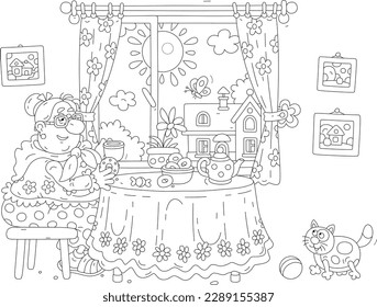 Funny granny and her chubby cat drinking hot tea with tasty freshly baked bagels at a kitchen table with a beautiful tablecloth by a window with a pretty summer landscape, vector cartoon illustration