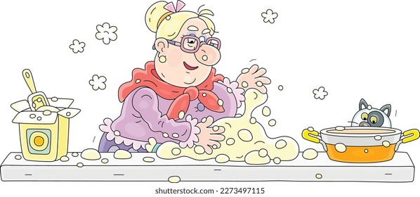 Funny granny an ihrem Küchentisch knetet weißer Teig, um einen leckeren Kuchen für einen fröhlichen Urlaub zu kochen, Vektorgrafik-Illustration einzeln auf weißem Hintergrund