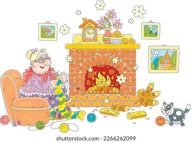 Funny granny with her merry cat sitting in an old easy chair and knitting a long striped scarf by a bricky fireplace with cheerfully burning wood, vector cartoon illustration isolated on white