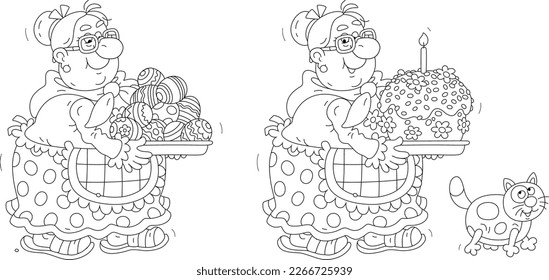 Funny granny with her merry cat carrying a traditional sweet Easter cake for a festive table and decorated gift eggs, black and white outline vector cartoon illustration for a coloring book