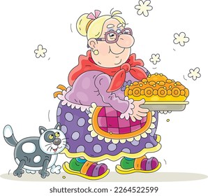 Funny granny with her plump cat baked a traditional sweet jam tart for a festive table and a merry tea party, vector cartoon illustration on a white background