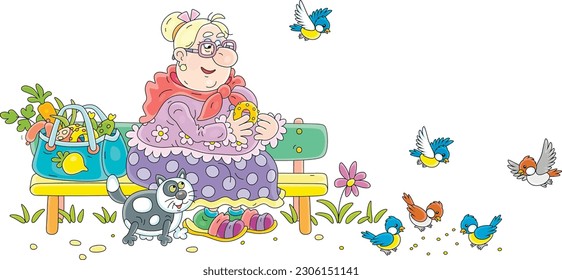Funny granny with her plump cat sitting on a bench after shopping and feeding with bread crumbs merry small birds flying in a summer park, vector cartoon illustration on a white background