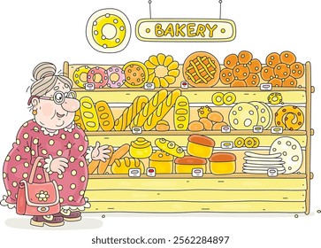 Funny granny with her shopping bag standing in front of a shopboard in a bakery, surrounded by long loafs, breads, rolls, buns, pies, pasties and cakes in a shop, vector cartoon illustration on white