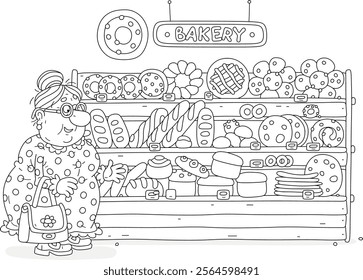 Funny granny with her shopping bag standing in front of a shopboard in a bakery, surrounded by long loafs, breads, rolls, buns, pies, pasties and cakes in a shop, black and white vector cartoon