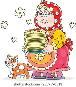 Funny granny holding a dish with tasty pancakes from sweet batter freshly baked in her traditional village oven for a festive table, vector cartoon illustration on a white background