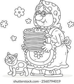 Funny granny holding a dish with tasty pancakes from sweet batter freshly baked in her traditional village oven for a festive table, black and white vector cartoon illustration for a coloring book