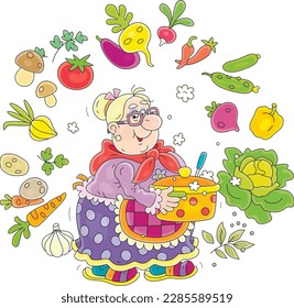 Funny granny holding a pan of an original tasty soup with fresh ripe vegetables from her summer kitchen garden, vector cartoon illustration isolated on a white background