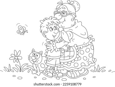 Funny granny hugging her happy little grandson, black and white outline vector cartoon illustration for a coloring book