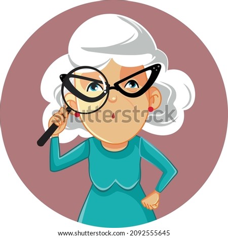 
Funny Granny Looking Through a Magnifying Glass Vector Illustration. Elderly woman checking details with magnifier lens
