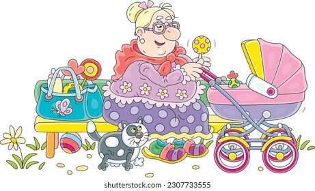 Funny granny nanny with her plump cat sitting on a bench in a summer park, looking after a small child and swinging a baby stroller, vector cartoon illustration isolated on a white background