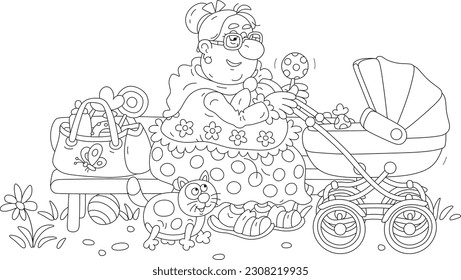 Funny granny nanny with her plump cat sitting on a bench in a summer park, looking after a small child and swinging a baby stroller, black and white outline vector cartoon for a coloring book